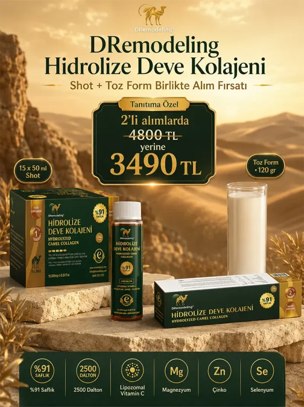 DRemodeling Hidrolize Deve Kolajeni Toz Form 120 gr ve 15 x 50 ml Shot 2’li alım fırsatı kampanya paketi