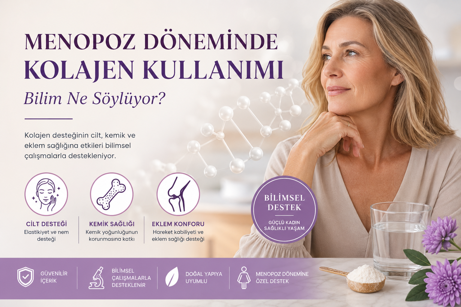 Menopoz döneminde azalan kolajen üretimi; cilt, kemik ve eklem sağlığını etkileyebilir. Bilimsel çalışmalar, düzenli kolajen desteğinin sağlıklı yaş alma sürecine katkı sağlayabileceğini göstermektedir.